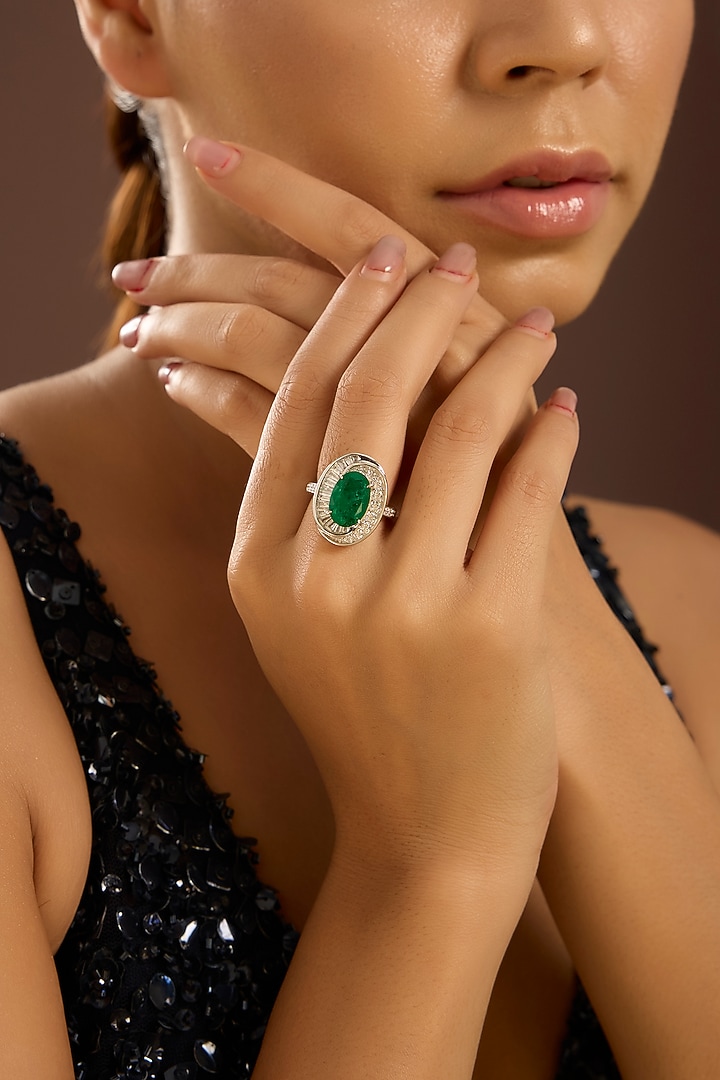 White Gold Finish Zircon & Emerald Stone Ring In Sterling Silver by STELLA CREATIONS at Pernia's Pop Up Shop