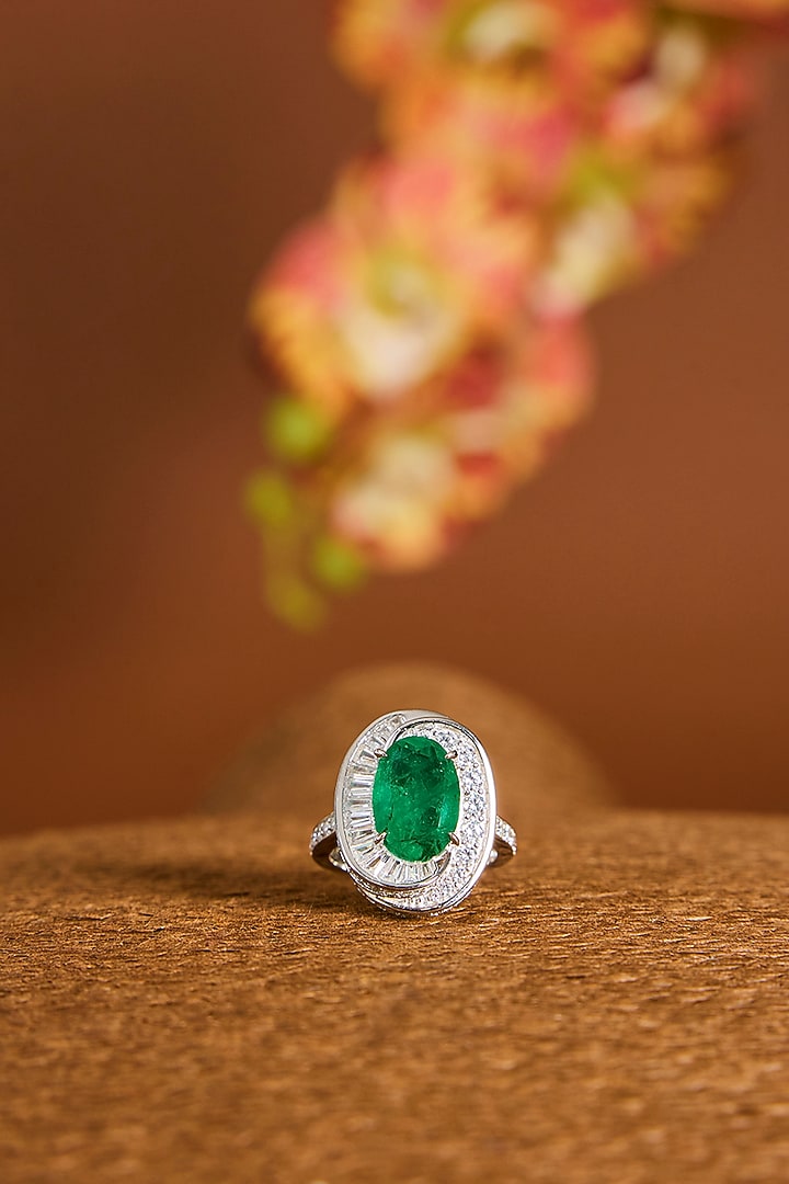 White Gold Finish Zircon & Emerald Stone Ring In Sterling Silver by STELLA CREATIONS at Pernia's Pop Up Shop