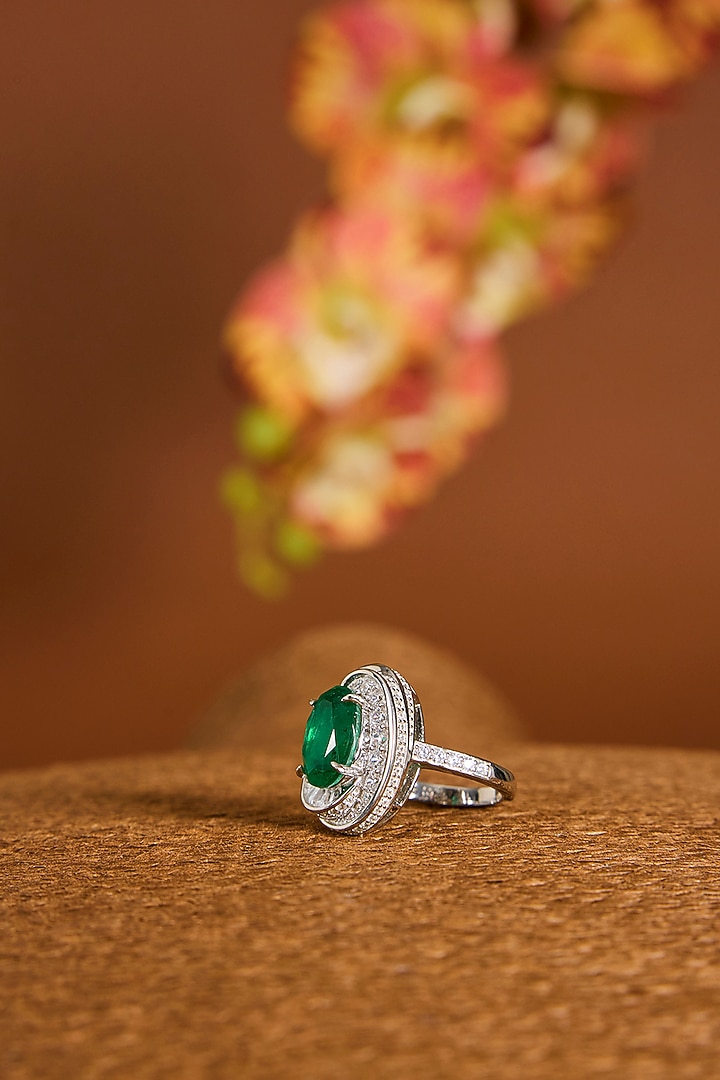 White Gold Finish Zircon & Emerald Stone Ring In Sterling Silver by STELLA CREATIONS at Pernia's Pop Up Shop