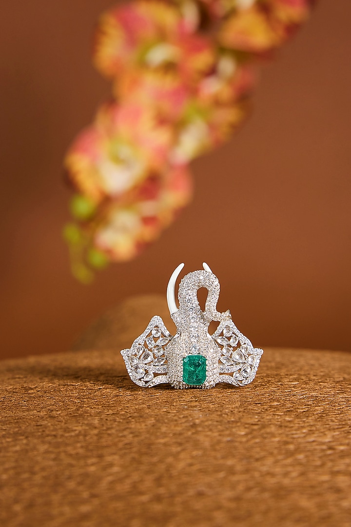 White Gold Finish Zircon & Emerald Stone Brooch Cum Pendant In Sterling Silver by STELLA CREATIONS at Pernia's Pop Up Shop