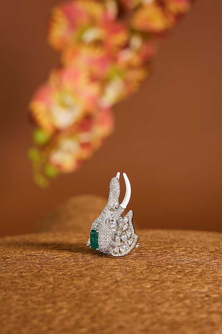 White Gold Finish Zircon & Emerald Stone Brooch Cum Pendant In Sterling Silver by STELLA CREATIONS at Pernia's Pop Up Shop