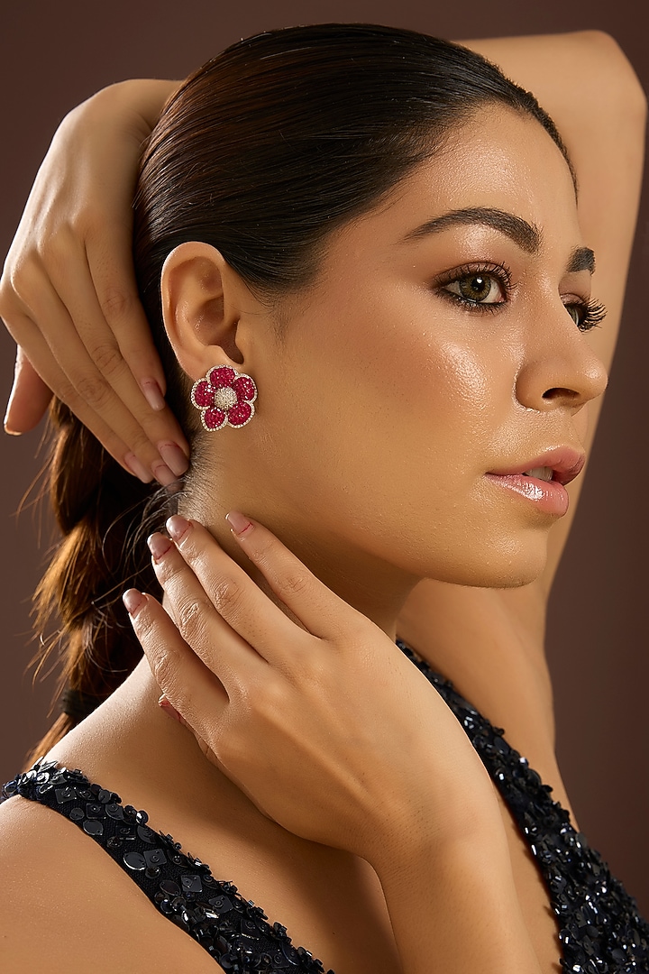 White Gold Finish Ruby Stone Stud Earrings by STELLA CREATIONS at Pernia's Pop Up Shop