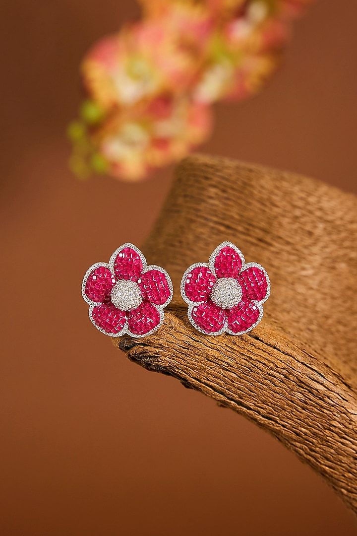 White Gold Finish Ruby Stone Stud Earrings by STELLA CREATIONS at Pernia's Pop Up Shop