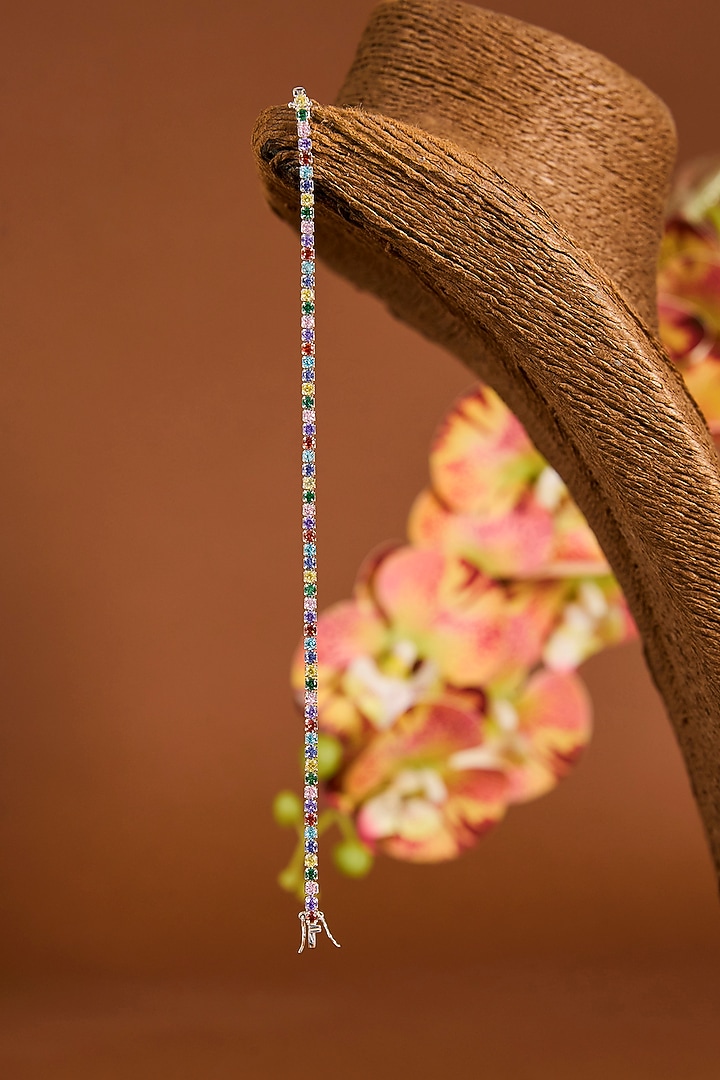 White Gold Finish Multi-Colored Stone Bracelet In Sterling Silver by STELLA CREATIONS at Pernia's Pop Up Shop
