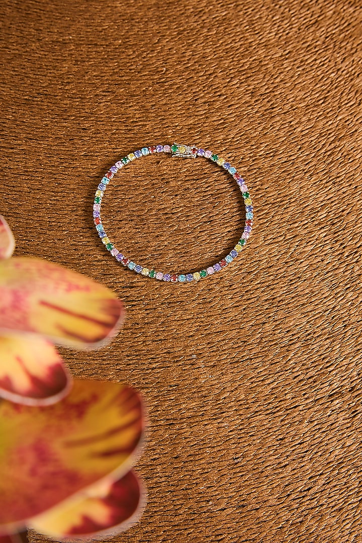 White Gold Finish Multi-Colored Stone Bracelet In Sterling Silver by STELLA CREATIONS at Pernia's Pop Up Shop