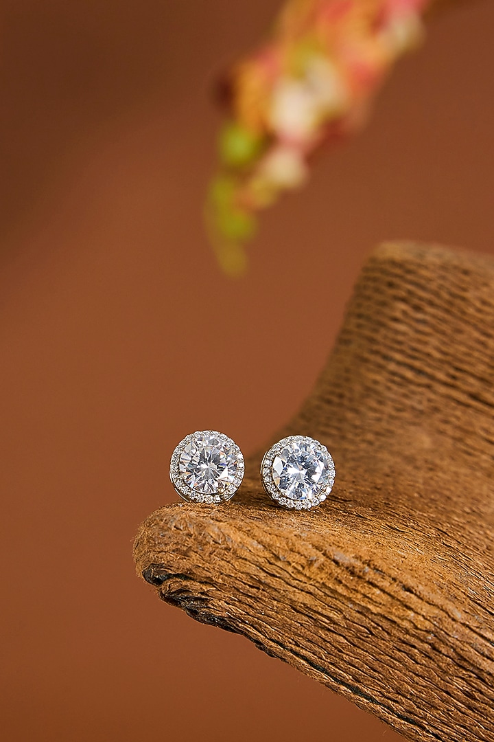 White Gold Finish Zircon Stud Earrings In Sterling Silver by STELLA CREATIONS at Pernia's Pop Up Shop