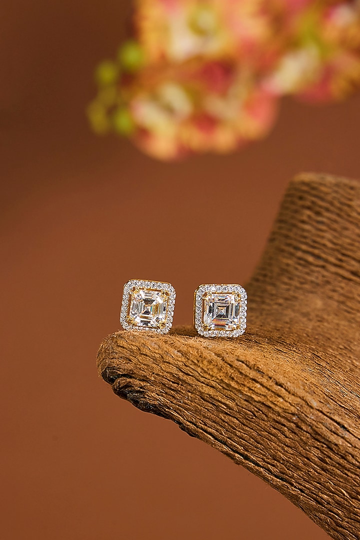 White Gold Finish Zircon Stud Earrings In Sterling Silver by STELLA CREATIONS at Pernia's Pop Up Shop