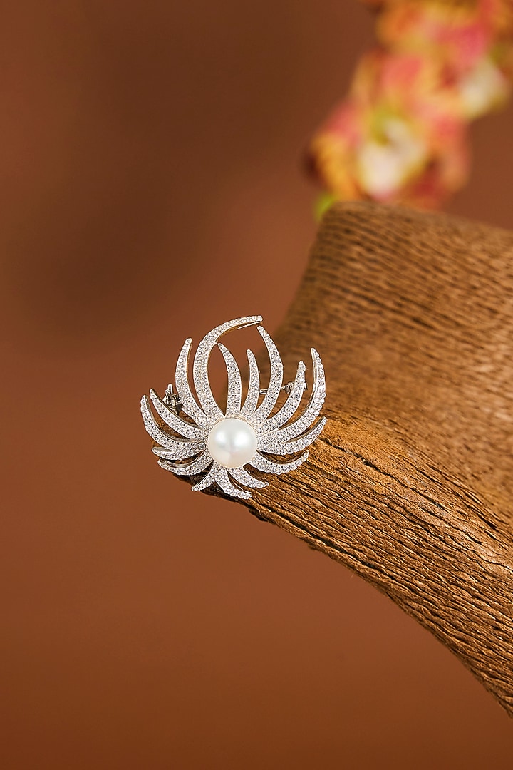 White Gold Finish Zircon & Shell Pearl Brooch by STELLA CREATIONS at Pernia's Pop Up Shop