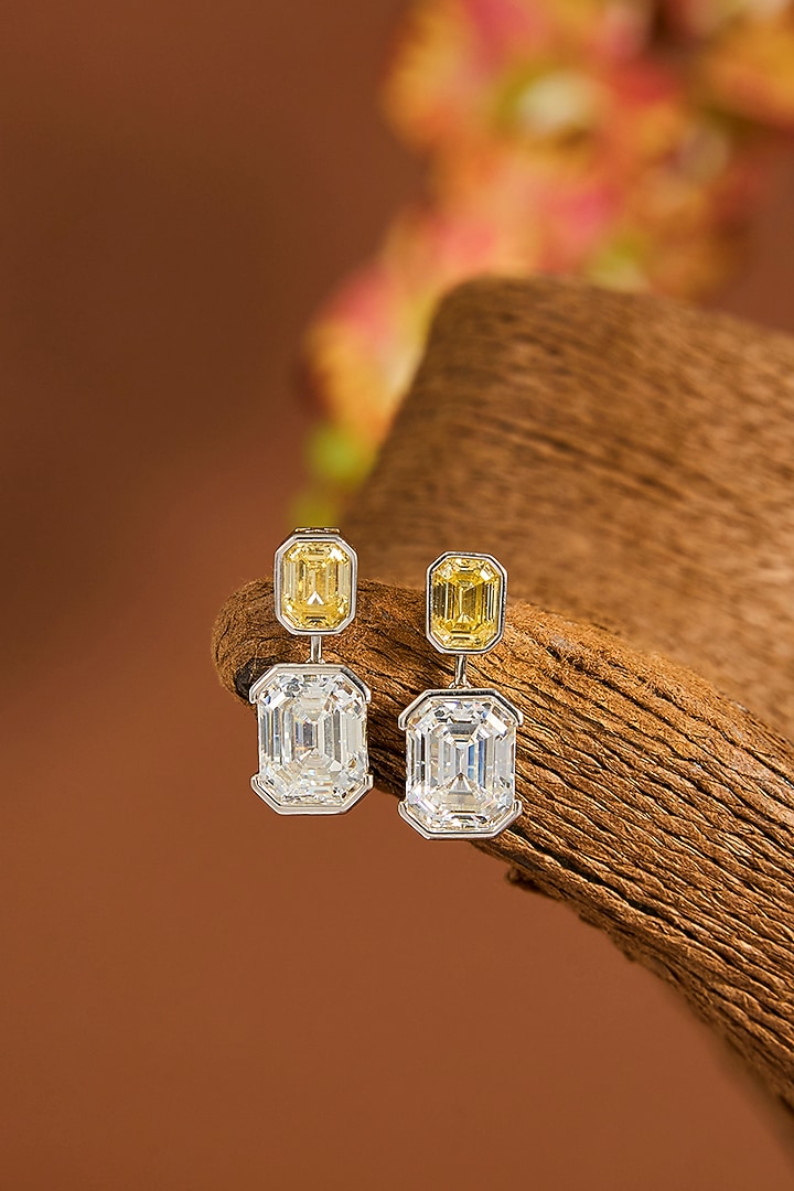 White Gold Finish Zircon & Yellow Sapphire Stone Dangler Earrings In Sterling Silver by STELLA CREATIONS at Pernia's Pop Up Shop