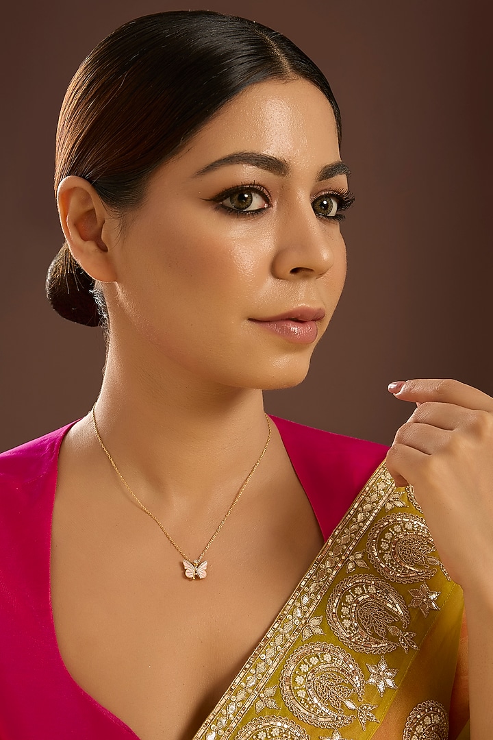 Yellow Gold Finish Zircon Pink Enameled Pendant Necklace In Sterling Silver by STELLA CREATIONS at Pernia's Pop Up Shop