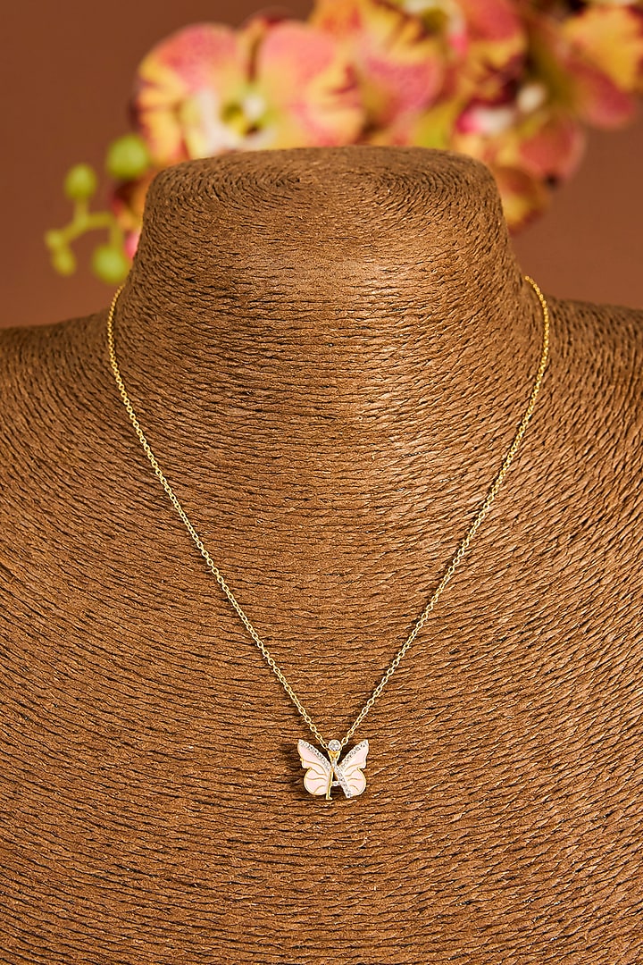 Yellow Gold Finish Zircon Pink Enameled Pendant Necklace In Sterling Silver by STELLA CREATIONS at Pernia's Pop Up Shop