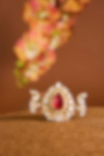 Yellow Gold Finish Moissanite Polki & Ruby Stone Ring In Sterling Silver by STELLA CREATIONS at Pernia's Pop Up Shop