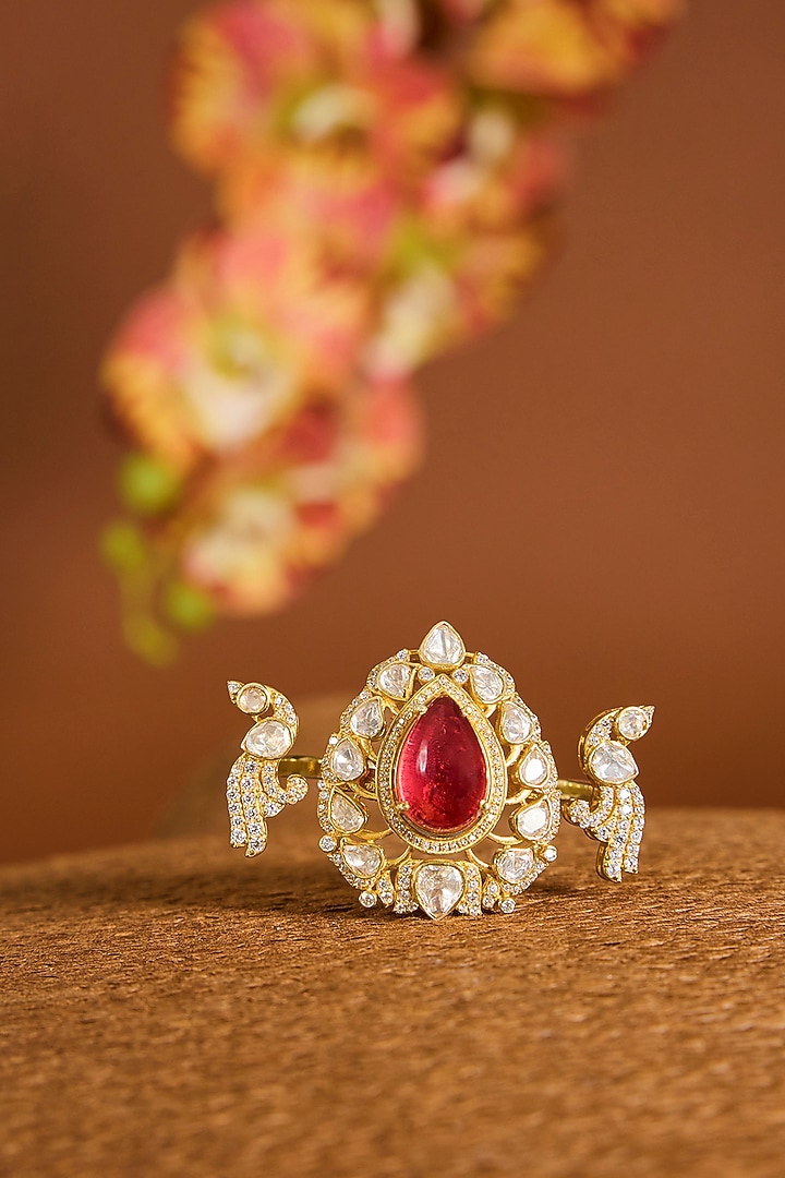 Yellow Gold Finish Moissanite Polki & Ruby Stone Ring In Sterling Silver by STELLA CREATIONS at Pernia's Pop Up Shop
