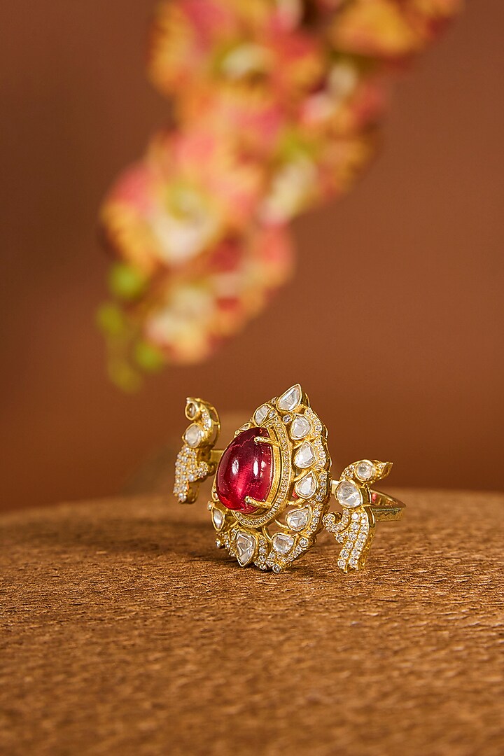 Yellow Gold Finish Moissanite Polki & Ruby Stone Ring In Sterling Silver by STELLA CREATIONS at Pernia's Pop Up Shop