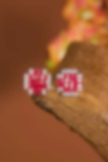 White Gold Finish Zircon & Ruby Stone Stud Earrings In Sterling Silver by STELLA CREATIONS at Pernia's Pop Up Shop