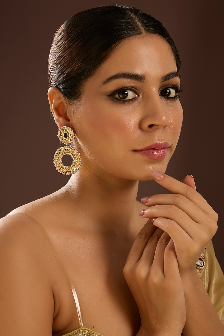 Yellow Gold Finish Zircon & Sapphire Stone Dangler Earrings In Sterling Silver by STELLA CREATIONS at Pernia's Pop Up Shop