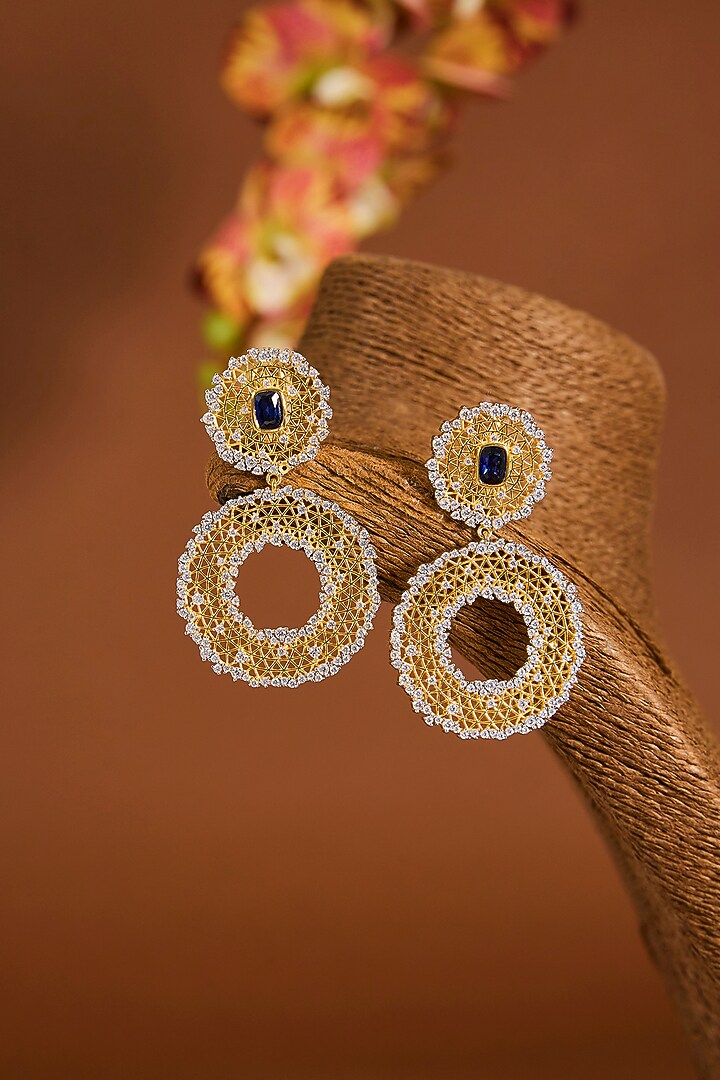 Yellow Gold Finish Zircon & Sapphire Stone Dangler Earrings In Sterling Silver by STELLA CREATIONS at Pernia's Pop Up Shop
