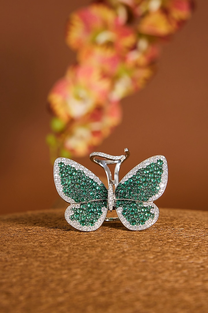 White Gold Finish Zircon & Emerald Stone Ring In Sterling Silver by STELLA CREATIONS at Pernia's Pop Up Shop