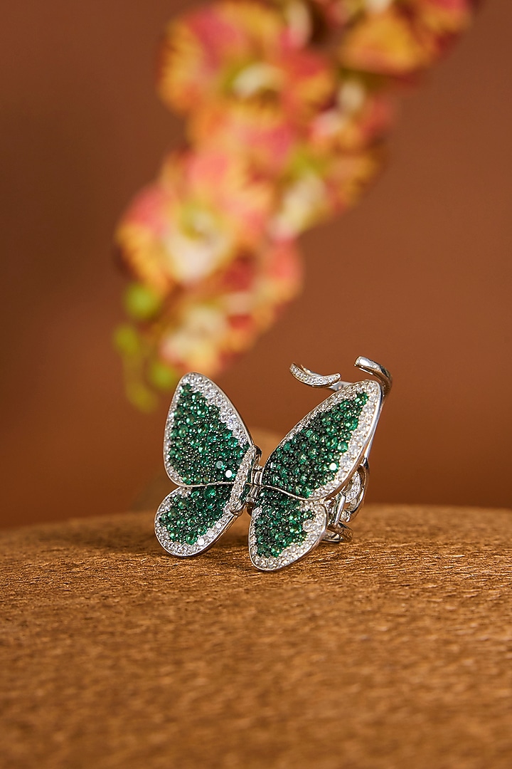 White Gold Finish Zircon & Emerald Stone Ring In Sterling Silver by STELLA CREATIONS at Pernia's Pop Up Shop
