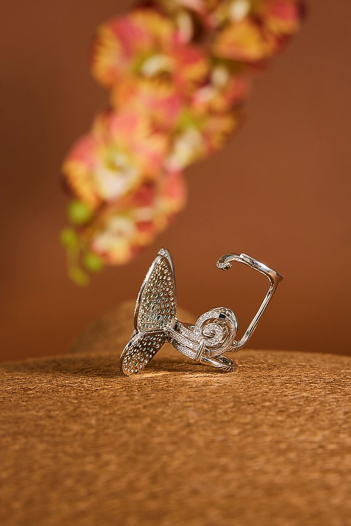 White Gold Finish Zircon & Emerald Stone Ring In Sterling Silver by STELLA CREATIONS at Pernia's Pop Up Shop