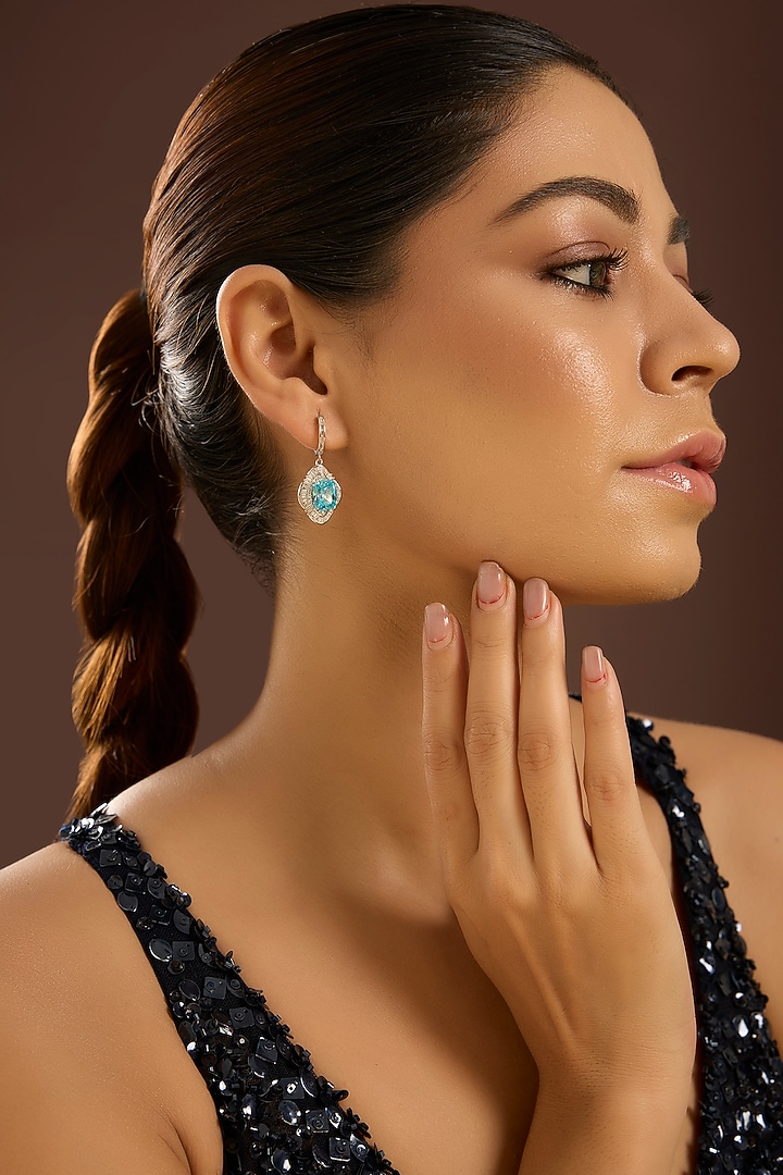 White Gold Finish Zircon & Topaz Stone Dangler Earrings In Sterling Silver by STELLA CREATIONS at Pernia's Pop Up Shop