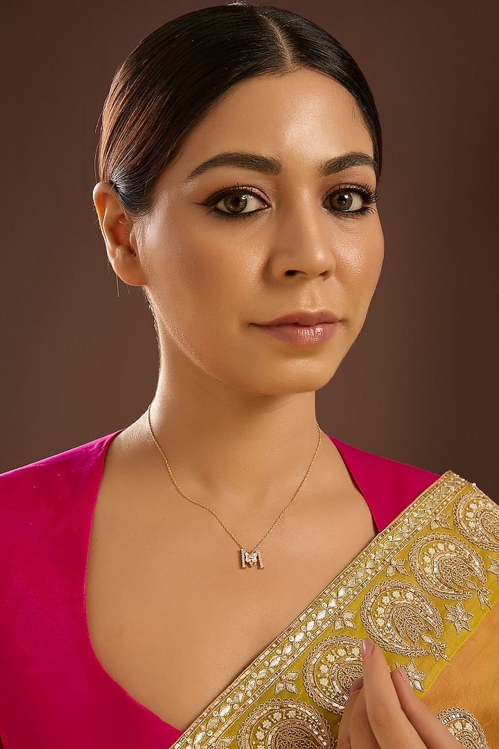 Gold Finish Zircon Pink Enameled Pendant Necklace In Sterling Silver by STELLA CREATIONS at Pernia's Pop Up Shop