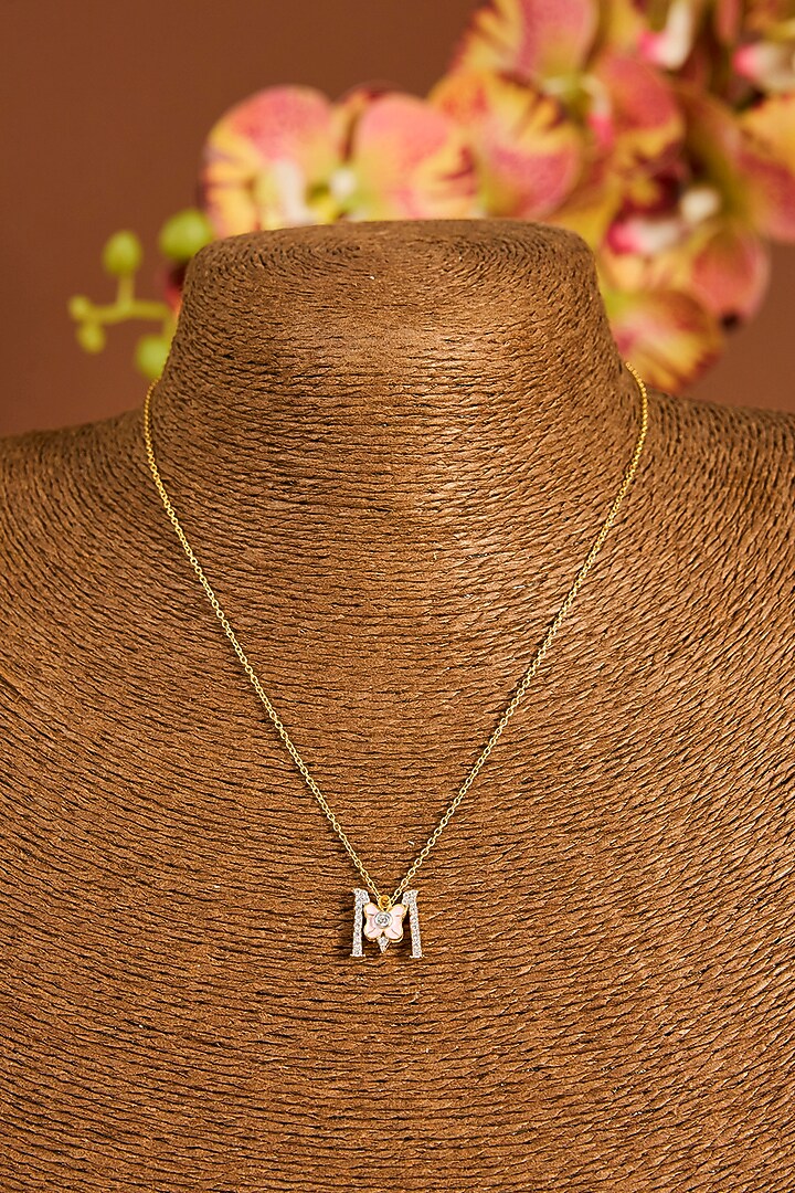 Gold Finish Zircon Pink Enameled Pendant Necklace In Sterling Silver by STELLA CREATIONS at Pernia's Pop Up Shop