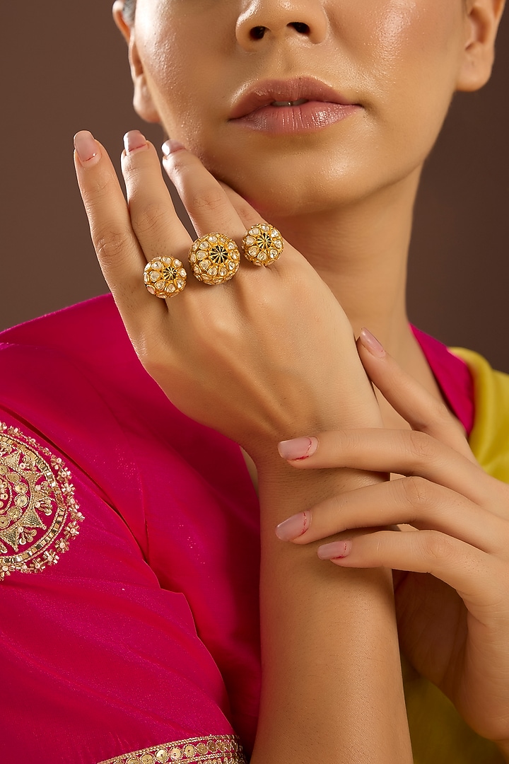 Black Rhodium Finish Moissanite Polki & Emerald Stone Enameled Ring In Sterling Silver by STELLA CREATIONS at Pernia's Pop Up Shop