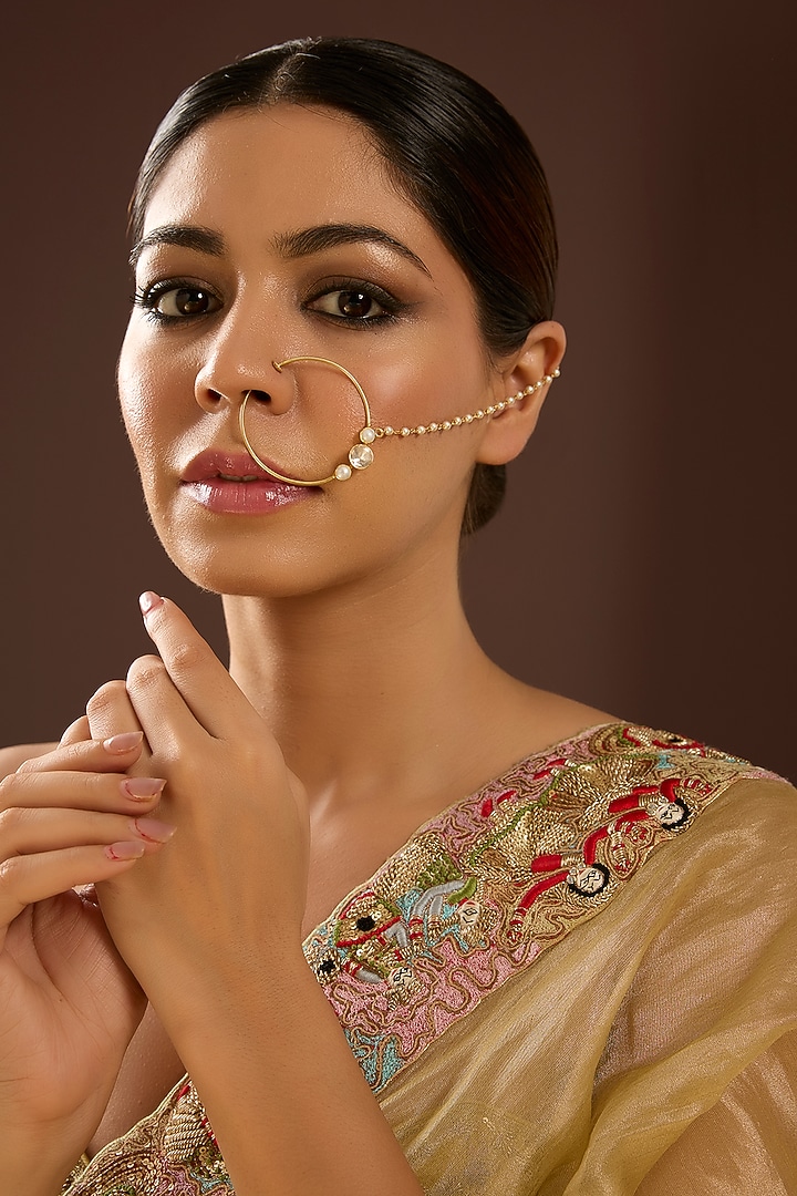 Yellow Gold Finish Shell Pearl & Moissanite Polki Nath by STELLA CREATIONS at Pernia's Pop Up Shop