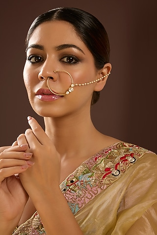 Yellow Gold Finish Shell Pearl & Moissanite Polki Nath by STELLA CREATIONS