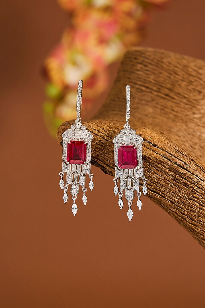 White Gold Finish Zircon & Ruby Stone Dangler Earrings In Sterling Silver by STELLA CREATIONS at Pernia's Pop Up Shop
