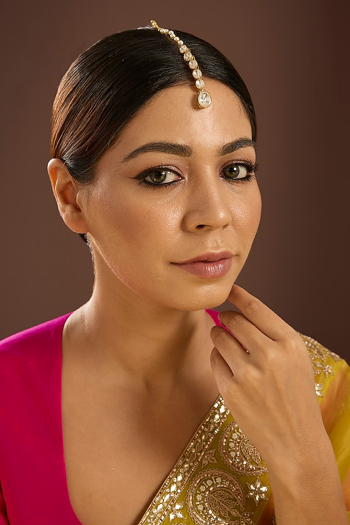 Yellow Gold Finish Moissanite Polki & Shell Pearl Maangtikka In Sterling Silver by STELLA CREATIONS at Pernia's Pop Up Shop