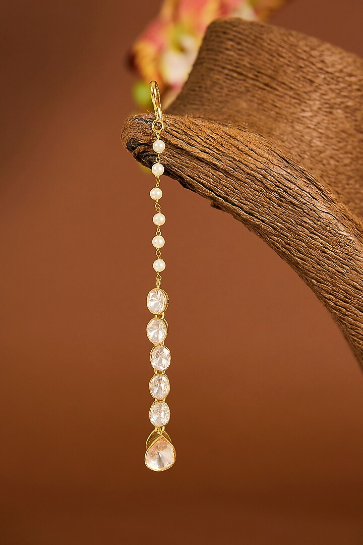 Yellow Gold Finish Moissanite Polki & Shell Pearl Maangtikka In Sterling Silver by STELLA CREATIONS at Pernia's Pop Up Shop
