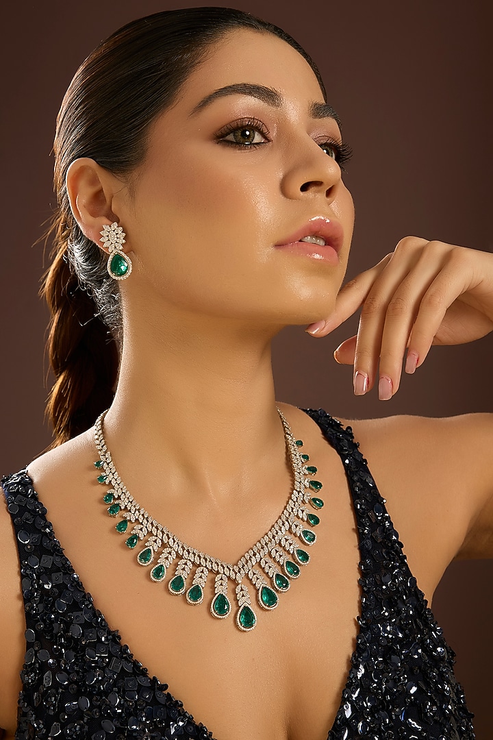 White Gold Finish Zircon & Emerald Stone Necklace Set In Sterling Silver by STELLA CREATIONS at Pernia's Pop Up Shop
