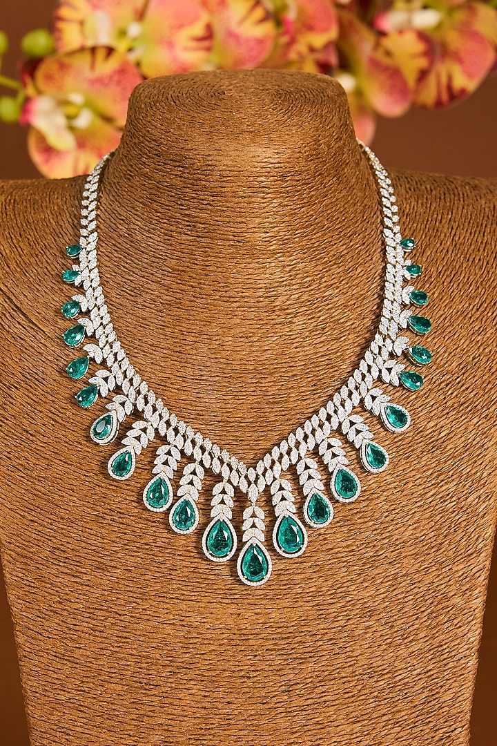 White Gold Finish Zircon & Emerald Stone Necklace Set In Sterling Silver by STELLA CREATIONS at Pernia's Pop Up Shop