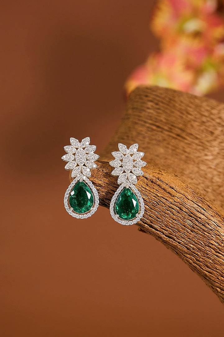 White Gold Finish Zircon & Emerald Stone Necklace Set In Sterling Silver by STELLA CREATIONS at Pernia's Pop Up Shop