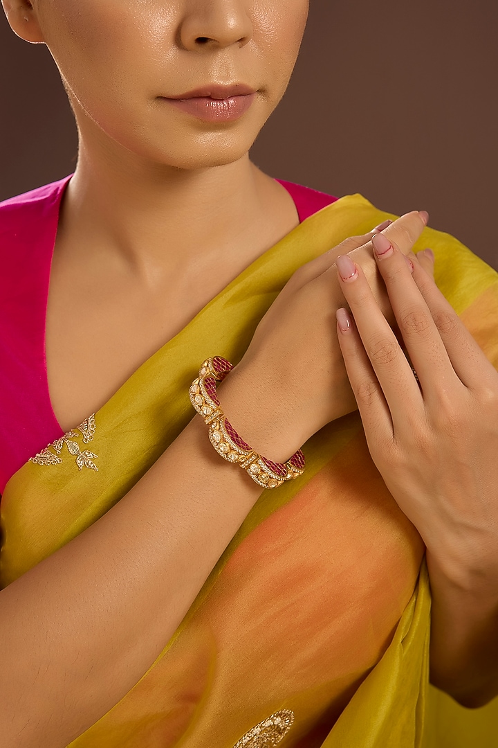 Yellow Gold Finish Moissanite Polki & Ruby Stone Openable Bangle In Sterling Silver by STELLA CREATIONS at Pernia's Pop Up Shop