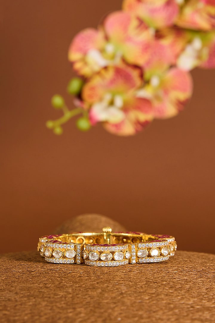 Yellow Gold Finish Moissanite Polki & Ruby Stone Openable Bangle In Sterling Silver by STELLA CREATIONS at Pernia's Pop Up Shop