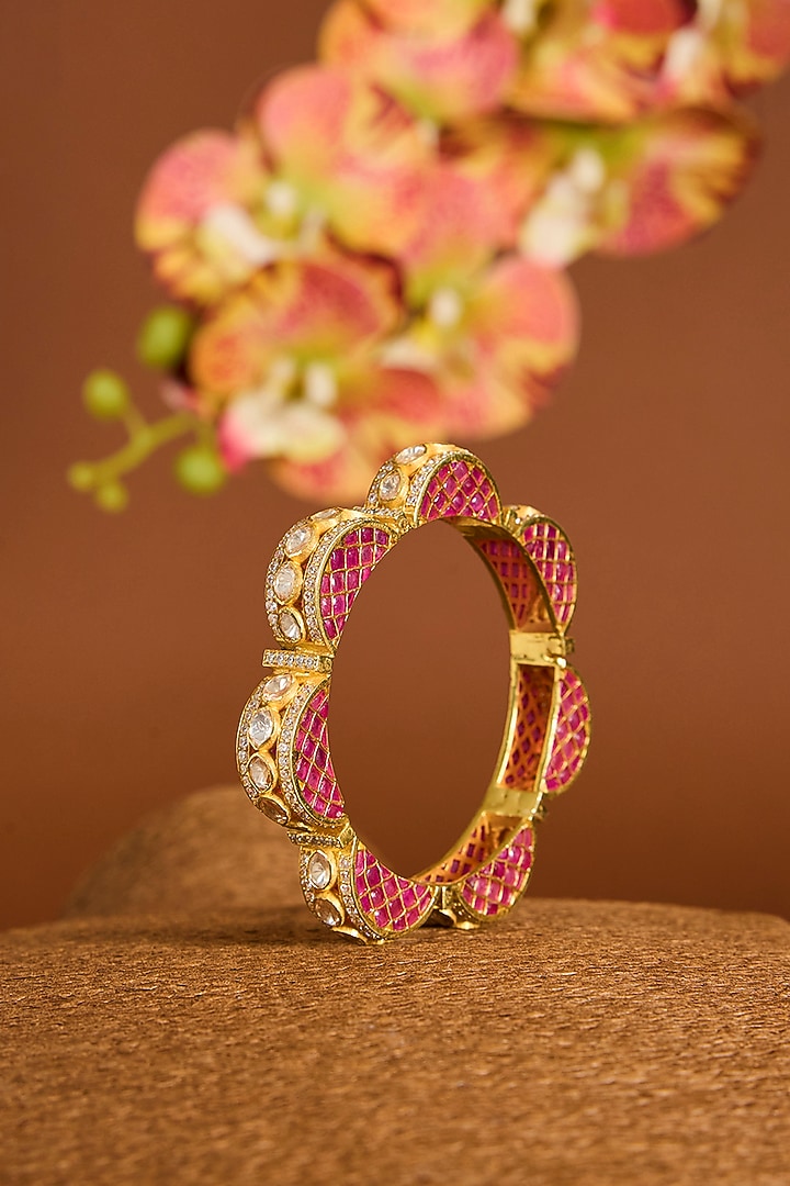 Yellow Gold Finish Moissanite Polki & Ruby Stone Openable Bangle In Sterling Silver by STELLA CREATIONS at Pernia's Pop Up Shop