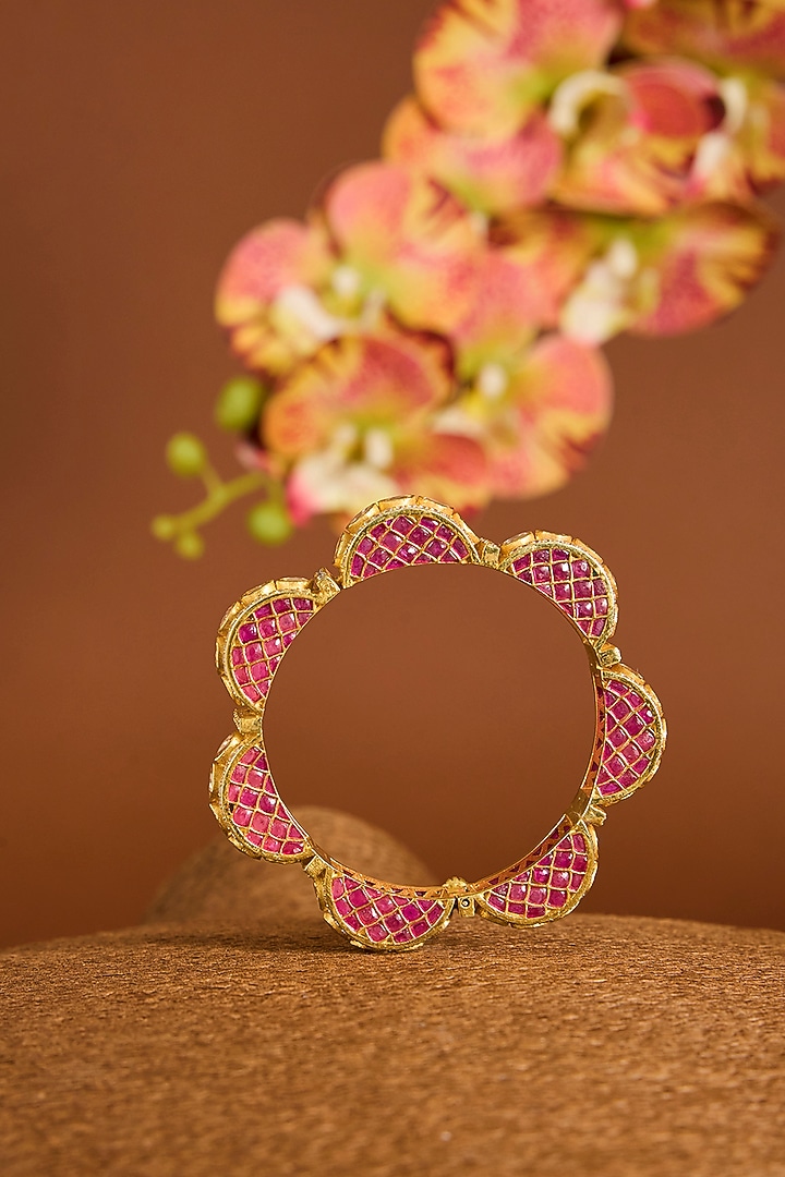 Yellow Gold Finish Moissanite Polki & Ruby Stone Openable Bangle In Sterling Silver by STELLA CREATIONS at Pernia's Pop Up Shop