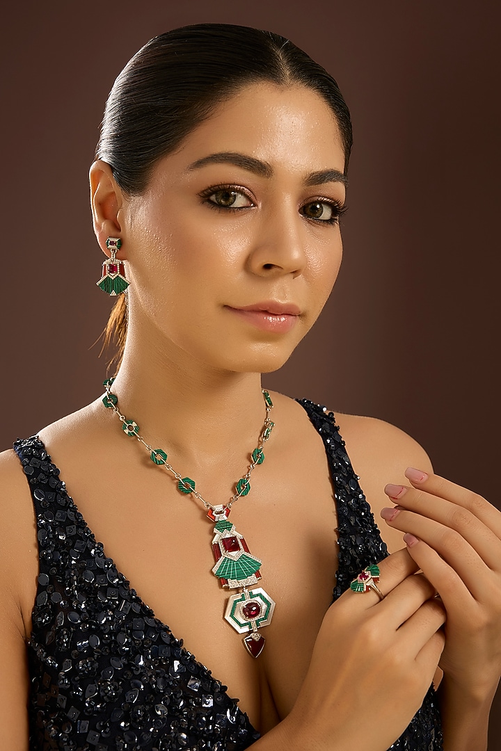 White Gold Finish Zircon & Malachite Stone Necklace Set In Sterling Silver by STELLA CREATIONS at Pernia's Pop Up Shop