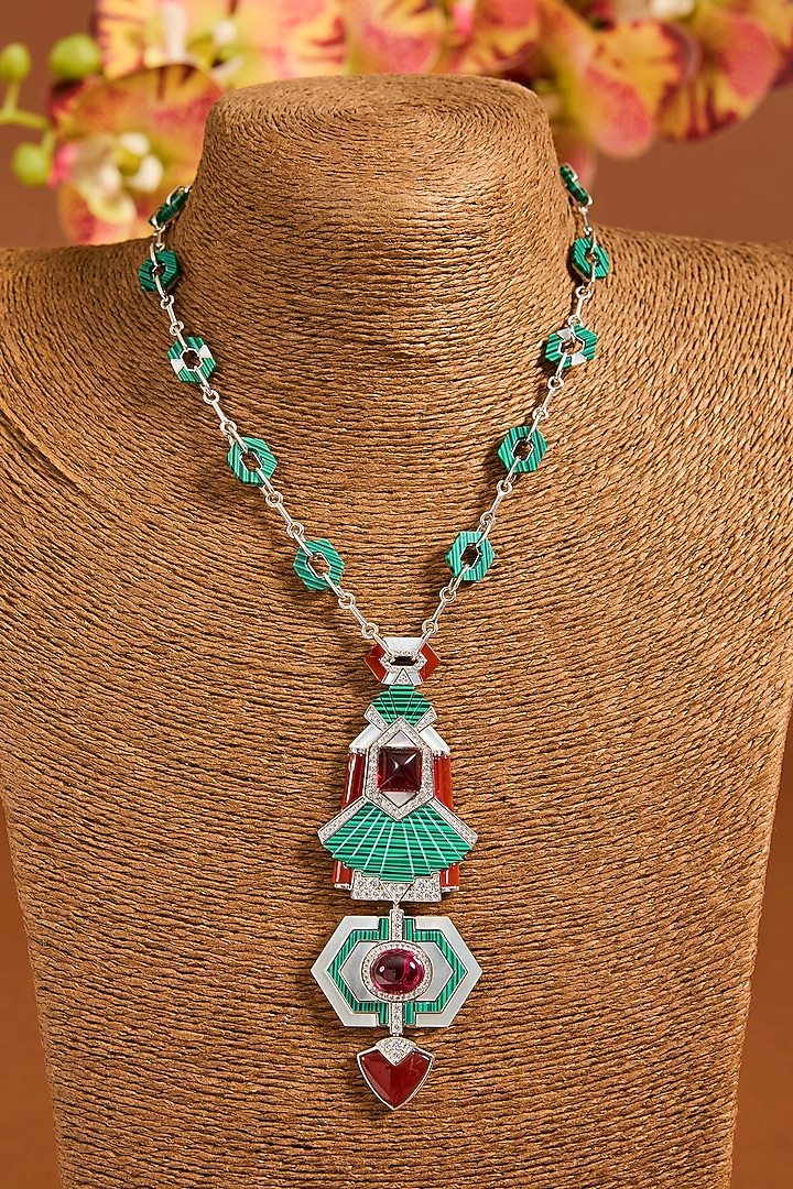White Gold Finish Zircon & Malachite Stone Necklace Set In Sterling Silver by STELLA CREATIONS at Pernia's Pop Up Shop