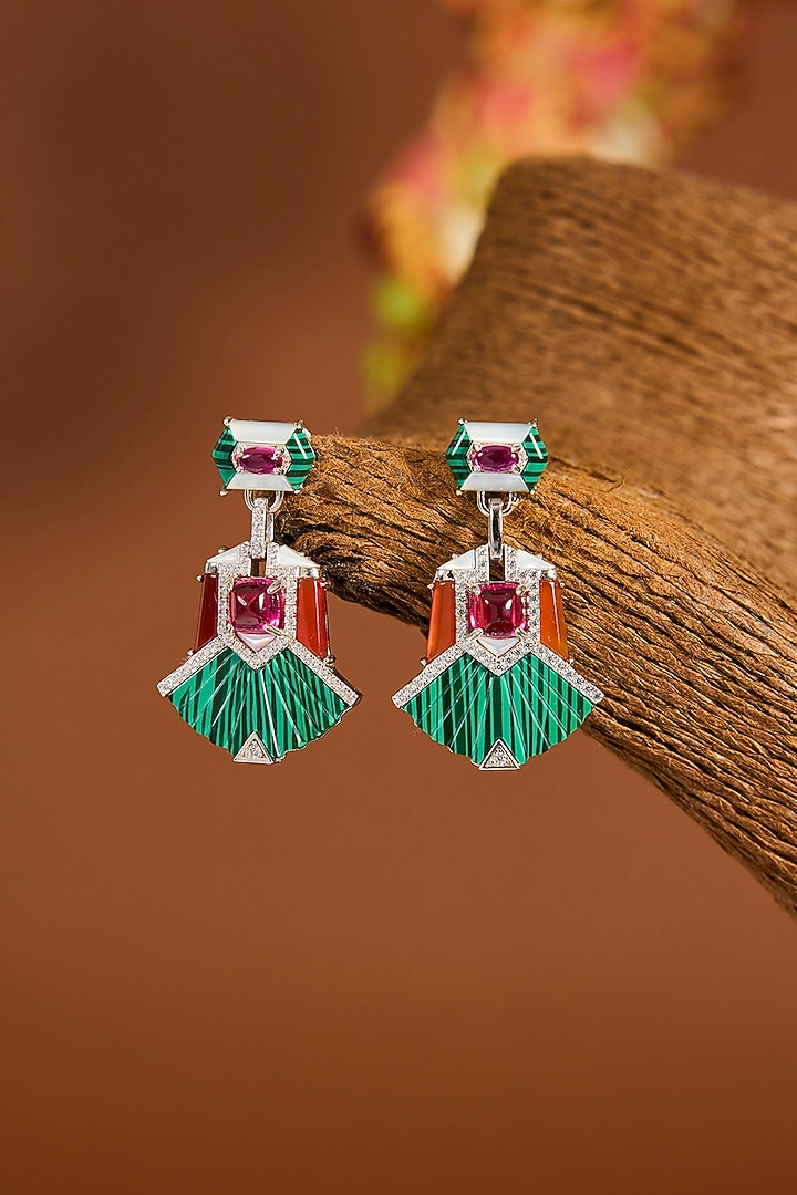 White Gold Finish Zircon & Malachite Stone Necklace Set In Sterling Silver by STELLA CREATIONS at Pernia's Pop Up Shop