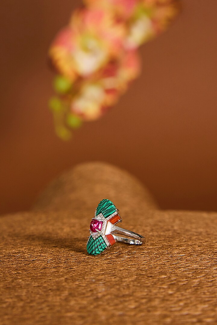 White Gold Finish Zircon & Malachite Stone Necklace Set In Sterling Silver by STELLA CREATIONS at Pernia's Pop Up Shop