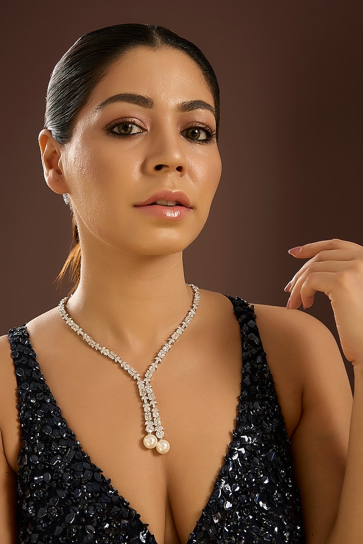 White Gold Finish Swarovski Zircon & Freshwater Pearl Necklace In Sterling Silver by STELLA CREATIONS at Pernia's Pop Up Shop