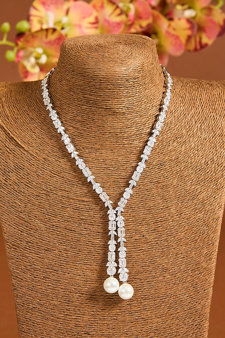 White Gold Finish Swarovski Zircon & Freshwater Pearl Necklace In Sterling Silver by STELLA CREATIONS at Pernia's Pop Up Shop