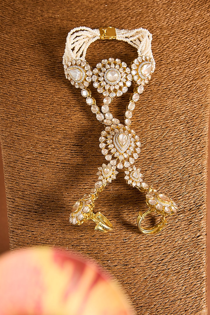 Yellow Gold Finish Moissanite Polki & Shell Pearl Haathphool In Sterling Silver by STELLA CREATIONS at Pernia's Pop Up Shop