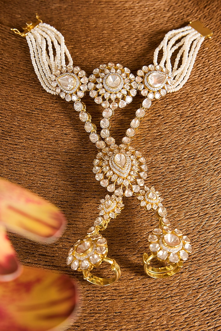 Yellow Gold Finish Moissanite Polki & Shell Pearl Haathphool In Sterling Silver by STELLA CREATIONS at Pernia's Pop Up Shop