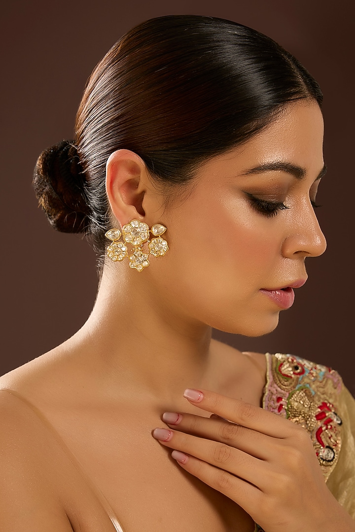 Yellow Gold Finish Moissanite Polki Stud Earrings In Sterling Silver by STELLA CREATIONS at Pernia's Pop Up Shop