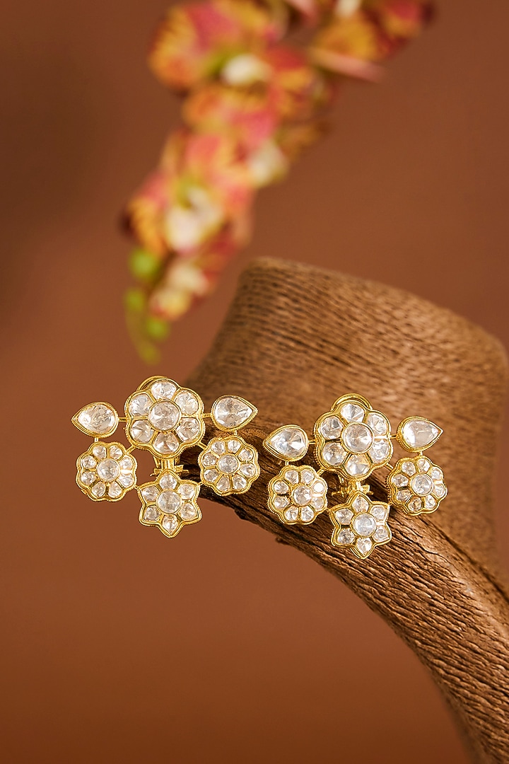 Yellow Gold Finish Moissanite Polki Stud Earrings In Sterling Silver by STELLA CREATIONS at Pernia's Pop Up Shop